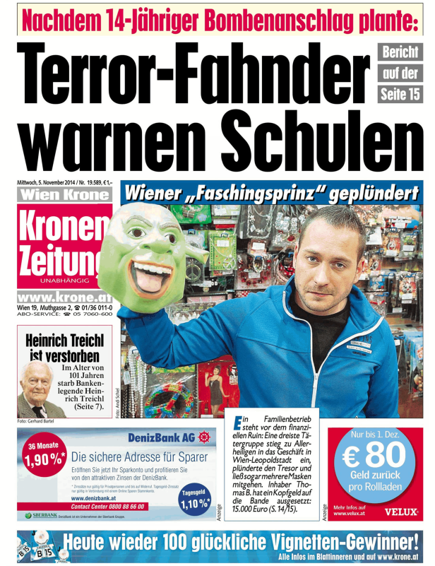 Titelseite der Kronen Zeitung vom 5. November 2014 mit Artikeln über Terrorwarnungen und einen geplünderten „Faschingsprinzen“.