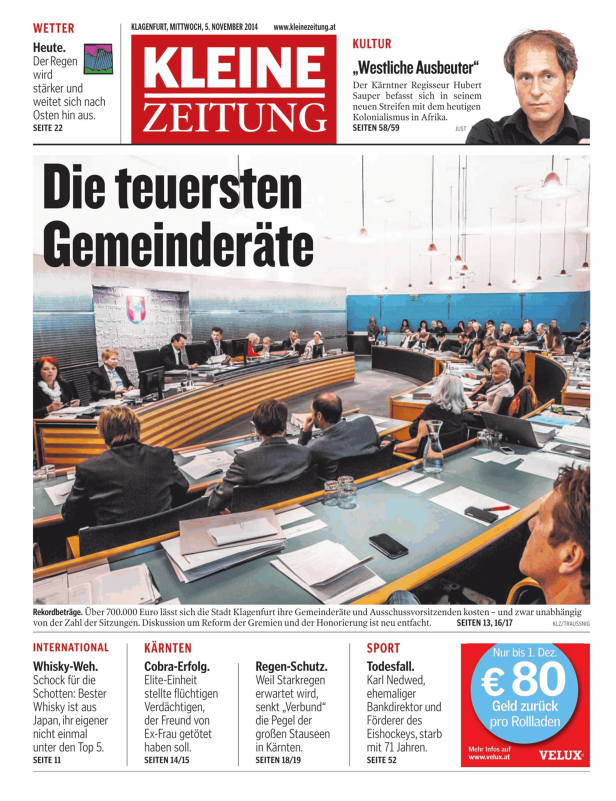 Eine Sitzung des Gemeinderats in Klagenfurt, veröffentlicht in der Kleinen Zeitung.