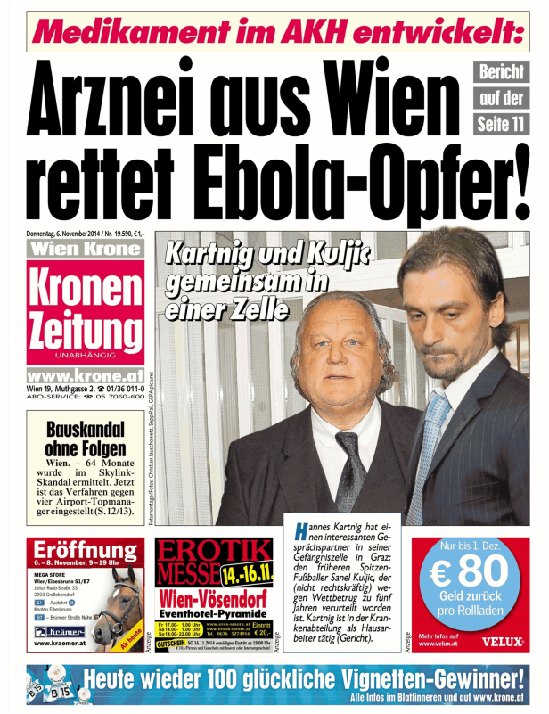 Titelseite der „Kronen Zeitung“ vom 6. November 2014 mit Artikeln über Ebola-Medikamente und einen Bauskandal.