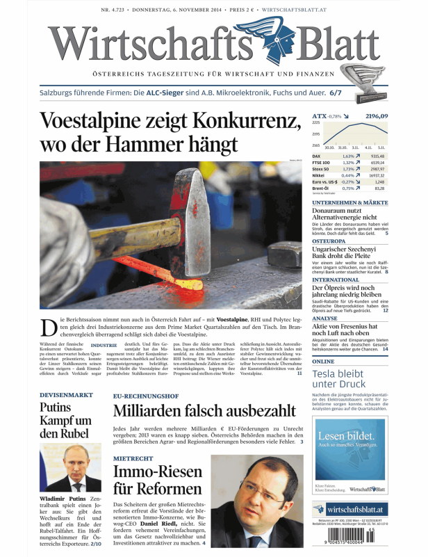 Titelseite des Wirtschaftsblatt vom 6. November 2014 mit dem Titel „Voestalpine zeigt Konkurrenz, wo der Hammer hängt“.
