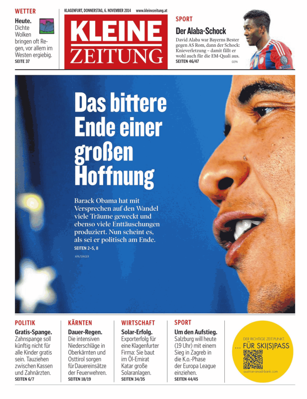 Titelseite der Kleinen Zeitung mit einem Artikel über Barack Obama.