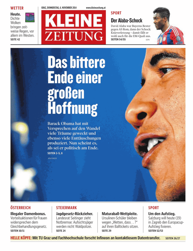 Titelseite der Kleinen Zeitung vom 6. November 2014 mit einem Artikel über Barack Obama.