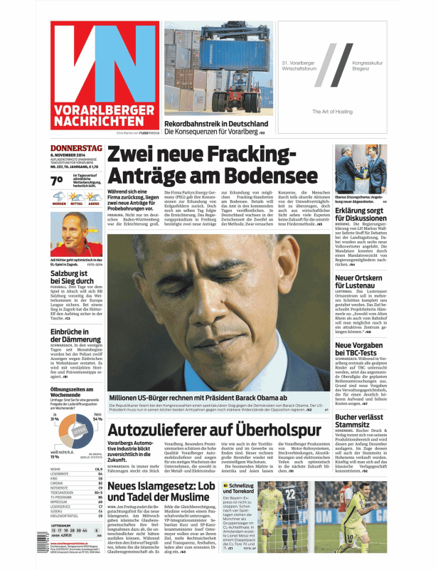 Titelseite der Vorarlberger Nachrichten vom 6. November 2014.