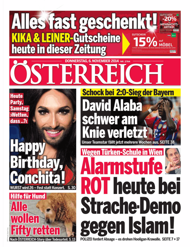 Titelseite der Zeitung „Österreich“ vom 6. November 2014 mit Conchita Wurst und David Alaba.