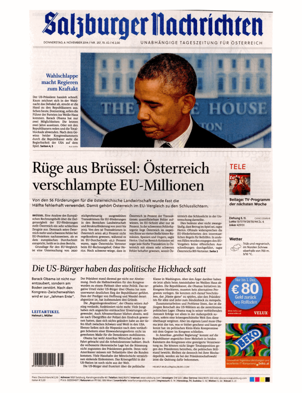 Titelseite der Salzburger Nachrichten mit einem Artikel über Barack Obama.