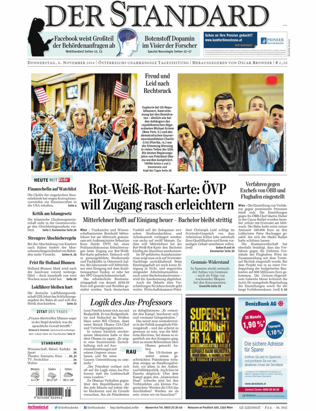 Titelseite der Zeitung „Der Standard“ vom 6. November 2014.