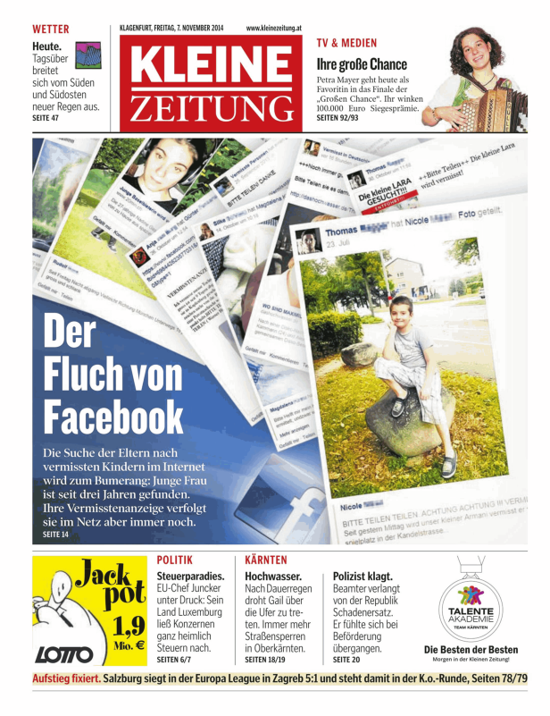 Titelseite der Kleinen Zeitung vom 7. November 2014 mit dem Titel „Der Fluch von Facebook“.