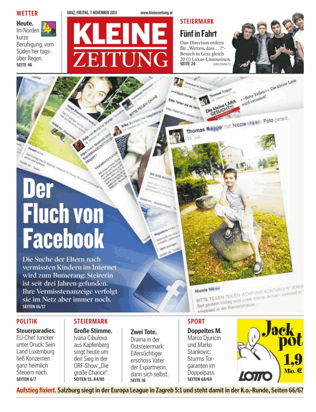 Eine Zeitungsseite der Kleinen Zeitung mit dem Titel „Der Fluch von Facebook“ und mehreren Vermisstenanzeigen.