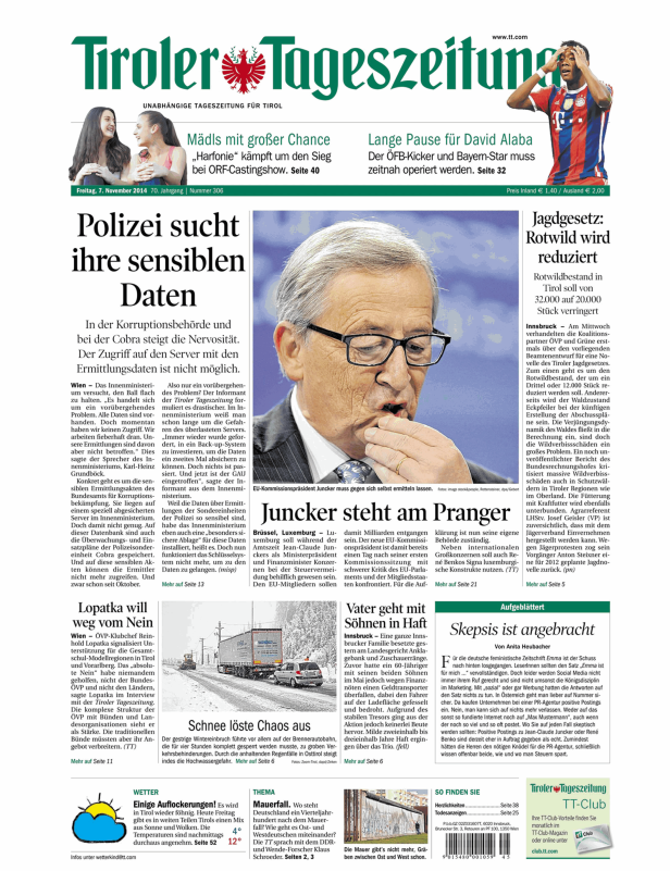 Titelseite der Tiroler Tageszeitung vom 7. November 2014.