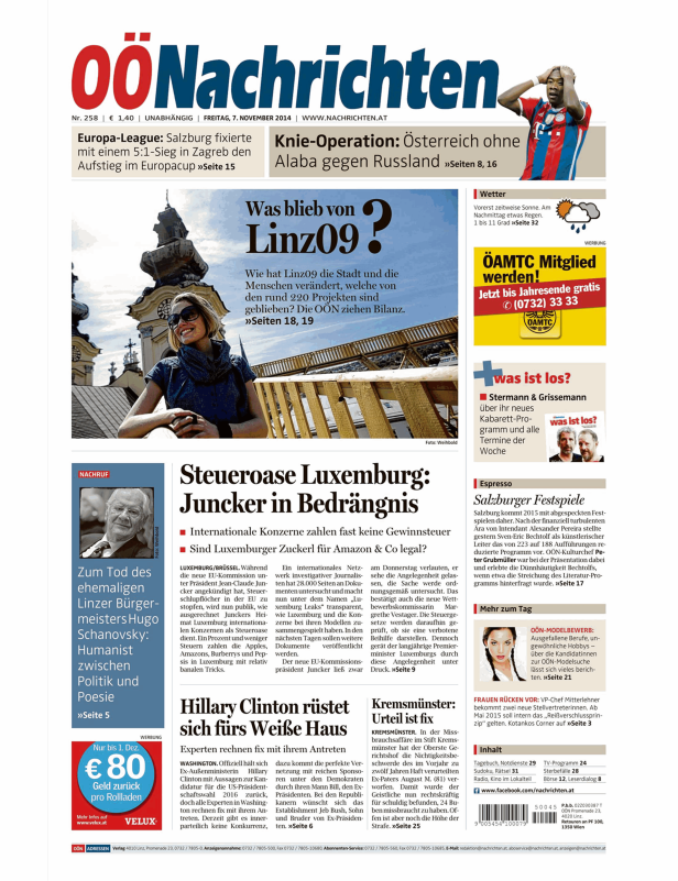 Titelseite der Oberösterreichischen Nachrichten vom 7. November 2014.