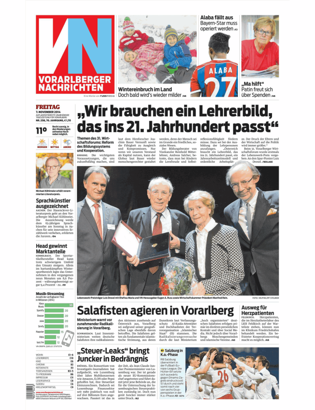Titelseite der Vorarlberger Nachrichten vom 7. November 2014.
