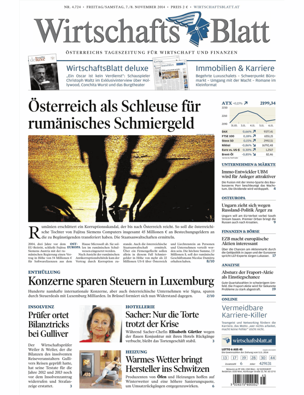Titelseite des „WirtschaftsBlatt“ vom 7./8. November 2014 mit der Schlagzeile „Österreich als Schleuse für rumänisches Schmiergeld“.