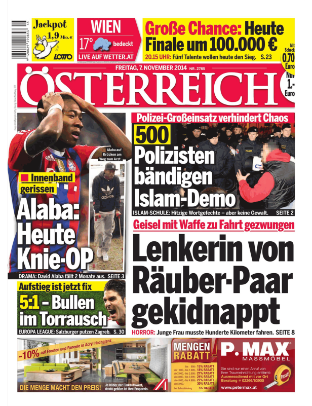 Titelseite der österreichischen Zeitung „Österreich“ vom 7. November 2014 mit Schlagzeilen zu verschiedenen Themen.