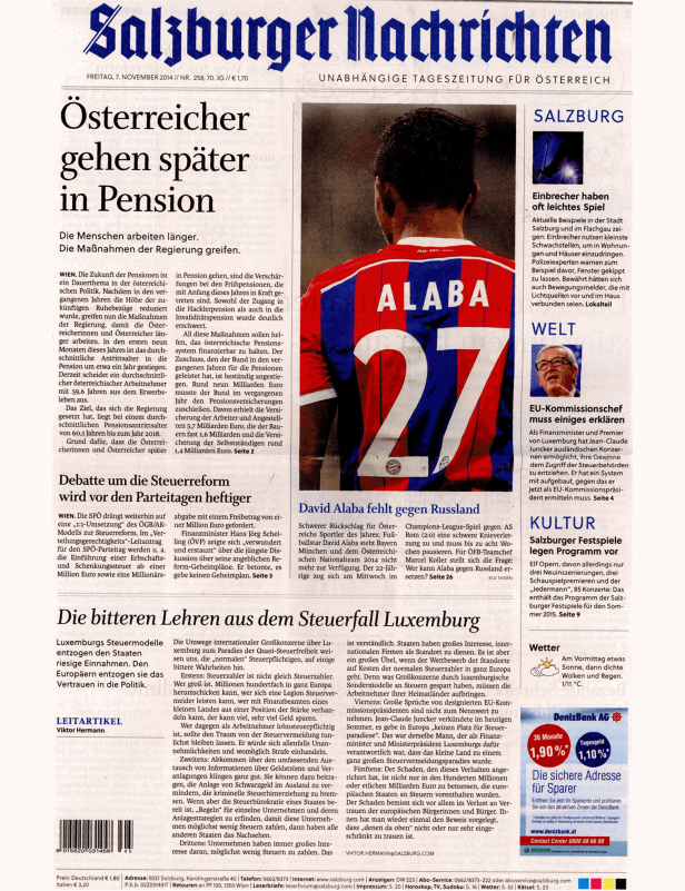 Titelseite der Salzburger Nachrichten vom 7. November 2014.