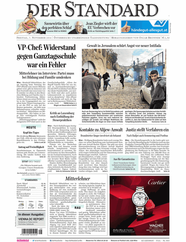 Titelseite der Zeitung Der Standard vom 7. November 2014.