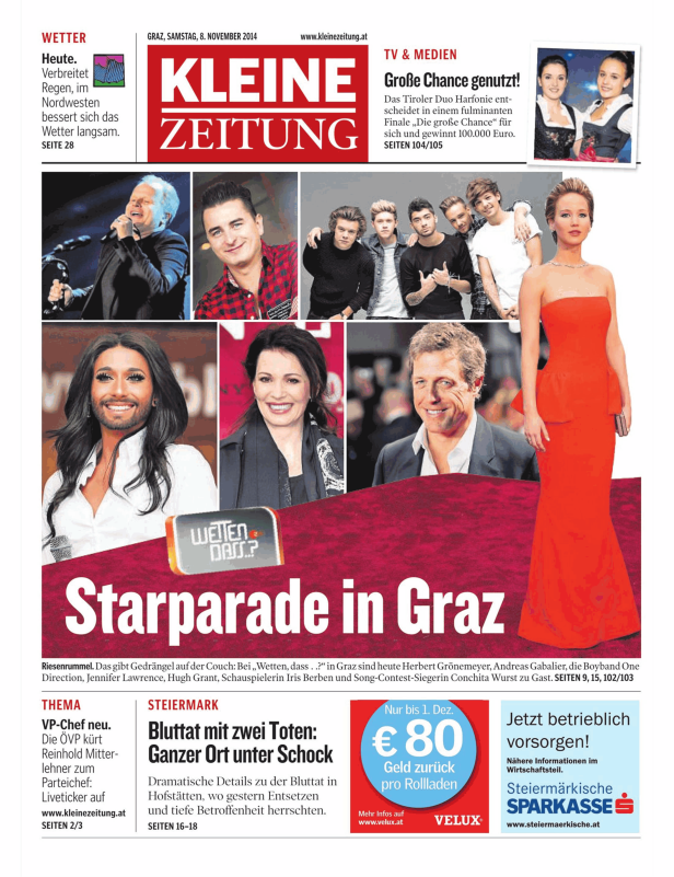 Titelseite der Kleinen Zeitung mit Bildern von Herbert Grönemeyer, One Direction, Jennifer Lawrence u.a..