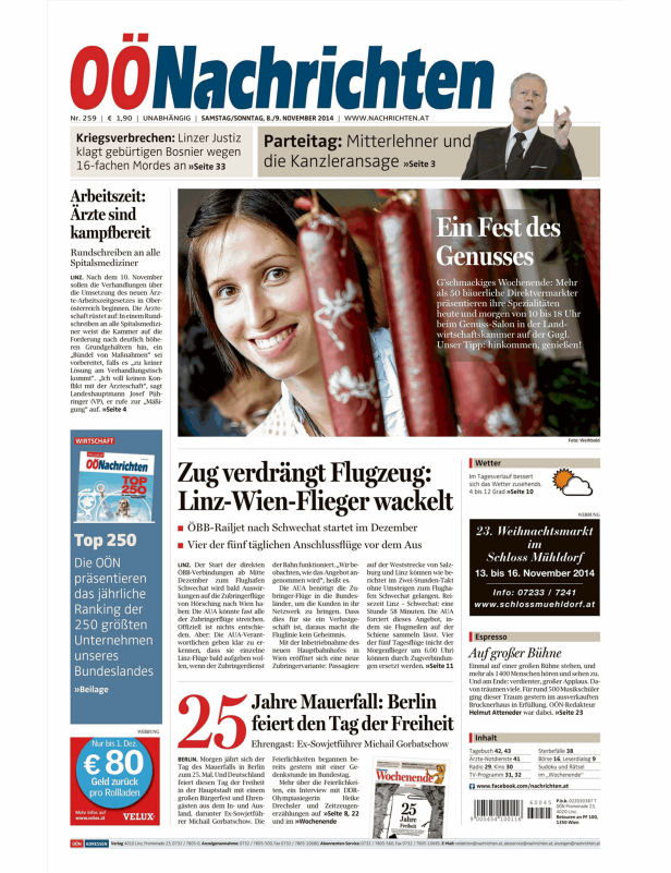 Titelseite der OÖNachrichten vom 8./9. November 2014.