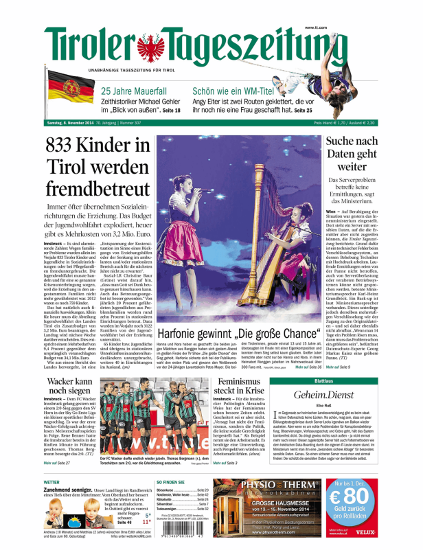 Titelseite der Tiroler Tageszeitung vom 8. November 2014.