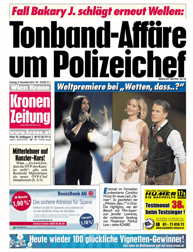Titelseite der Kronen Zeitung mit Bildern von Conchita Wurst, Jennifer Lawrence und Markus Lanz anlässlich „Wetten, dass..?“.