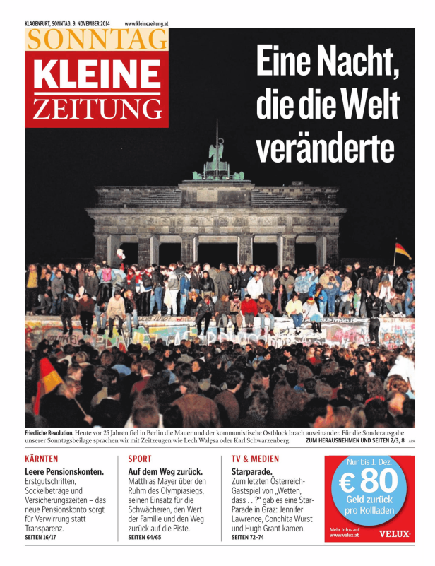 Titelseite der „Kleinen Zeitung“ vom 9. November 2014 mit einem Foto vom Fall der Berliner Mauer.