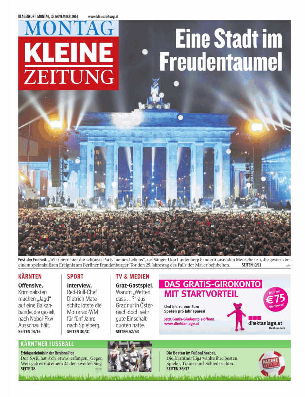 Titelseite der Kleinen Zeitung vom 10. November 2014 mit einem Bild vom Brandenburger Tor in Berlin.