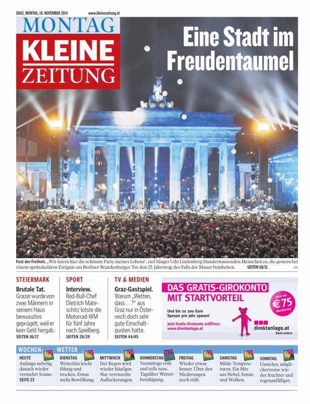 Titelseite der Kleinen Zeitung vom 10. November 2014 mit dem Brandenburger Tor im Hintergrund.