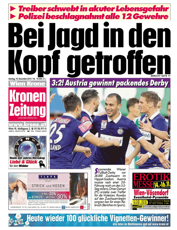 Titelseite der Kronen Zeitung vom 10. November 2014 mit einem Bericht über ein Fußball-Derby.