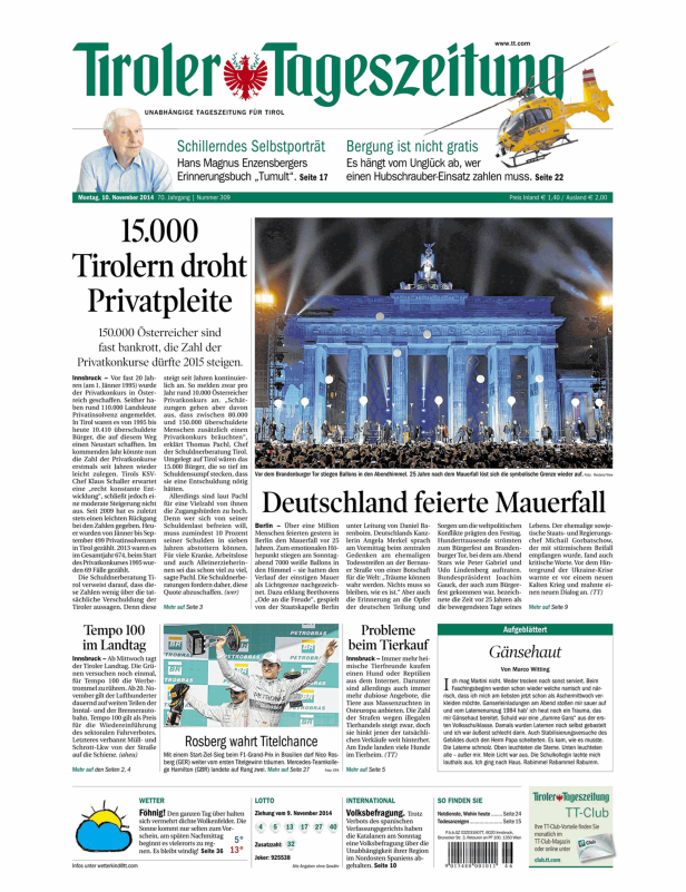 Titelseite der Tiroler Tageszeitung vom 10. November 2014 mit dem Titel „Deutschland feierte Mauerfall“.