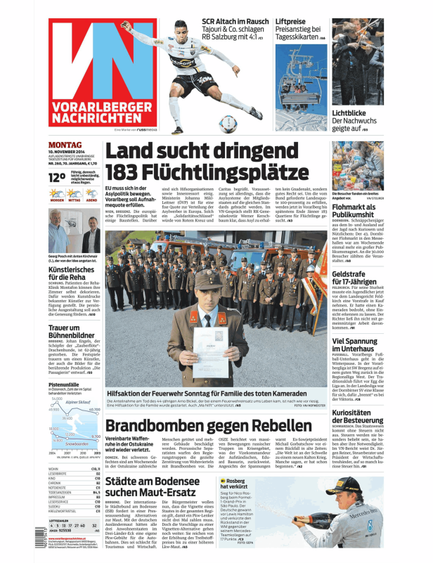 Titelseite der Vorarlberger Nachrichten vom 10. November 2014.