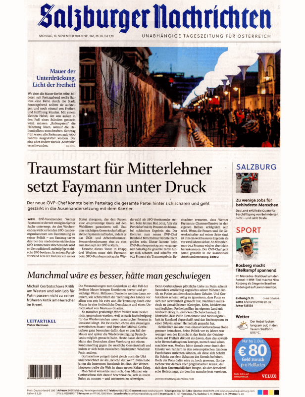 Titelseite der Salzburger Nachrichten vom 10. November 2014.