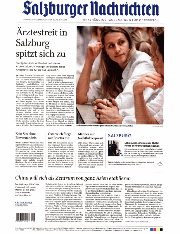 Titelseite der Salzburger Nachrichten vom 11. November 2014.