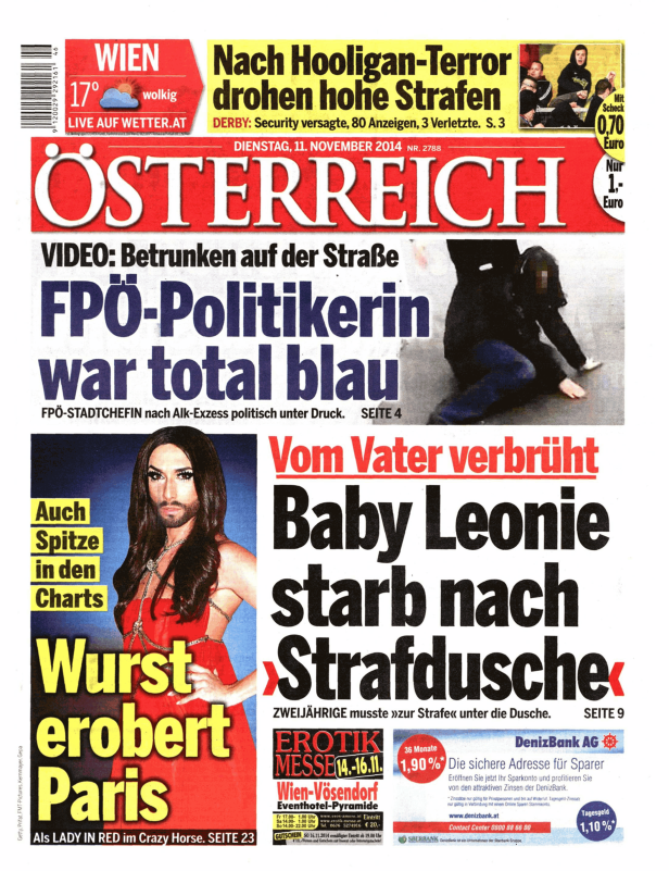 Titelseite der Zeitung „Österreich“ vom 11. November 2014 mit Meldungen zu Politik, Verbrechen und Kultur.