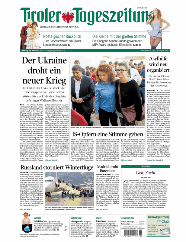 Titelseite der Tiroler Tageszeitung vom 11. November 2014.