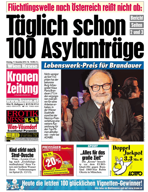 Titelseite der „Kronen Zeitung“ vom 11. November 2014 mit Schlagzeilen zu Asylanträgen und einem Lebenswerk-Preis für Brandauer.