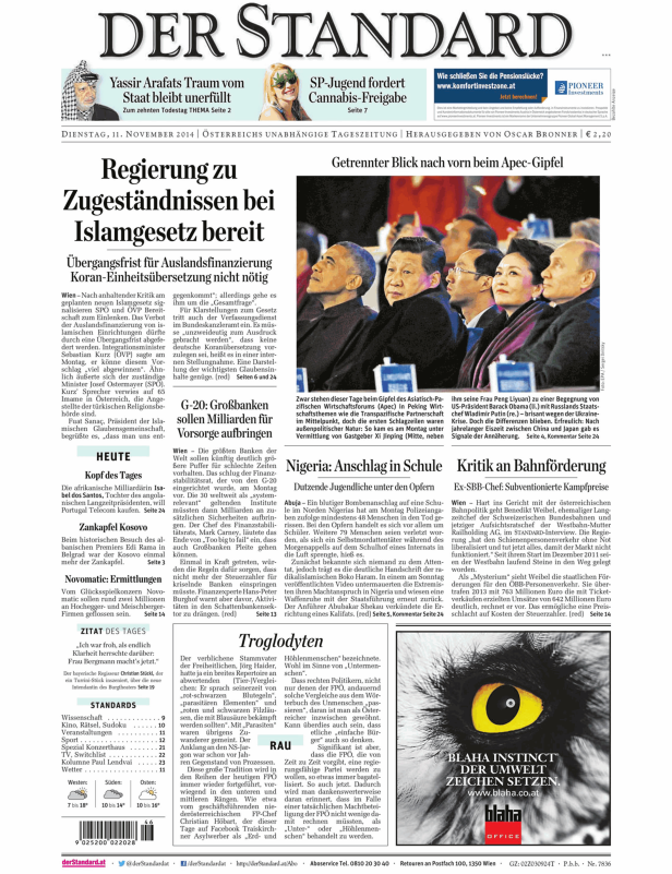 Titelseite der Zeitung Der Standard vom 11. November 2014.