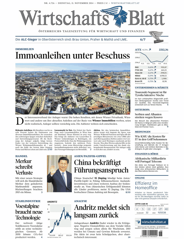 Titelseite des Wirtschaftsblatt vom 11. November 2014.