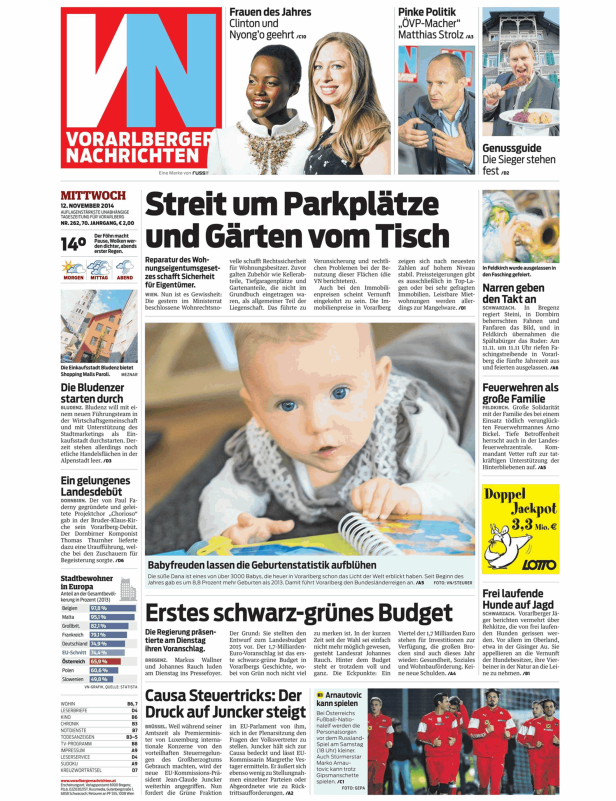 Titelseite der Vorarlberger Nachrichten mit Bildern von Clinton, Nyong'o und Arnautovic.