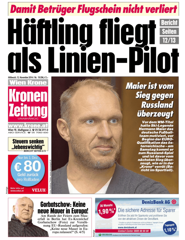 Titelseite der „Kronen Zeitung“ vom 12. November 2014 mit dem Aufmacher „Häftling fliegt als Linien-Pilot“.