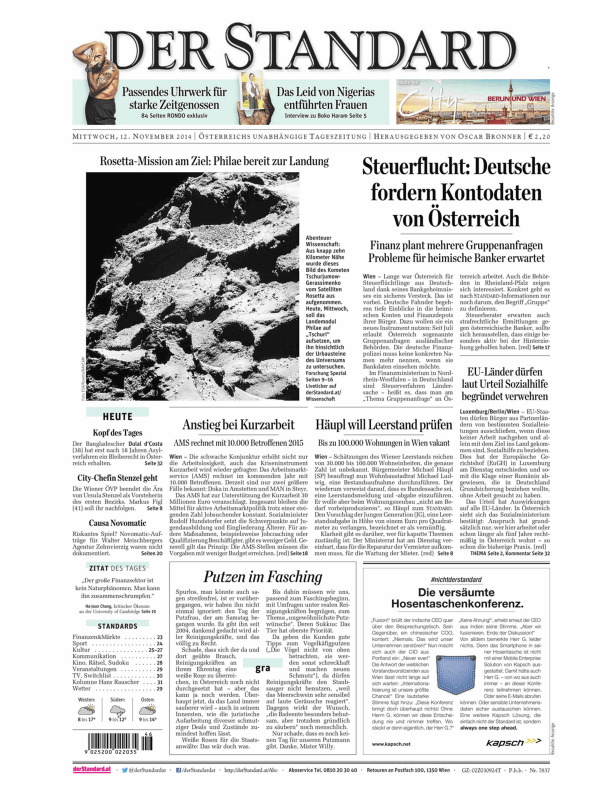 Titelseite der Zeitung „Der Standard“ vom 12. November 2014.