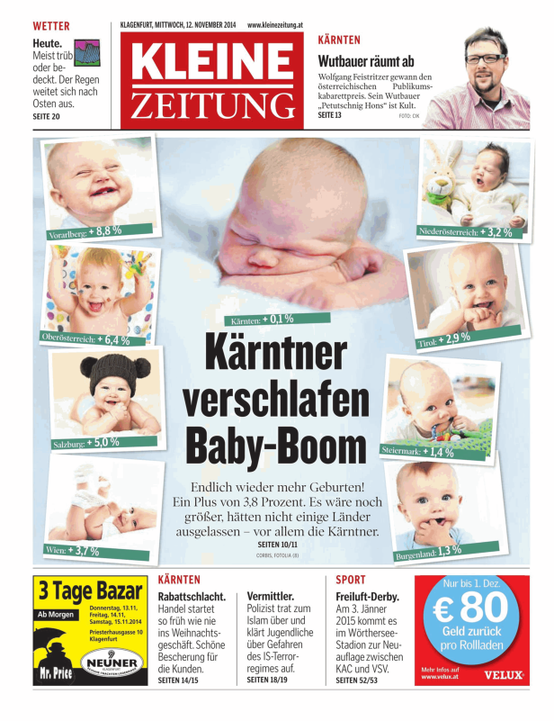 Titelseite der Kleinen Zeitung vom 12. November 2014 mit dem Titel „Kärntner verschlafen Baby-Boom“.