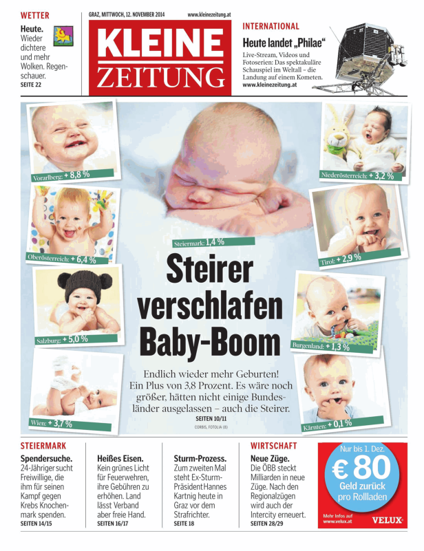 Titelseite der Kleinen Zeitung vom 12. November 2014 zum Thema Baby-Boom in Österreich.