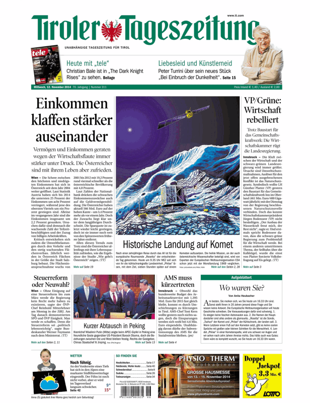 Titelseite der Tiroler Tageszeitung vom 12. November 2014.