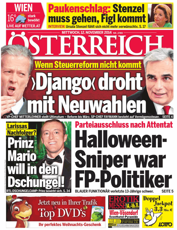 Titelseite der österreichischen Zeitung „Österreich“ vom 12. November 2014.