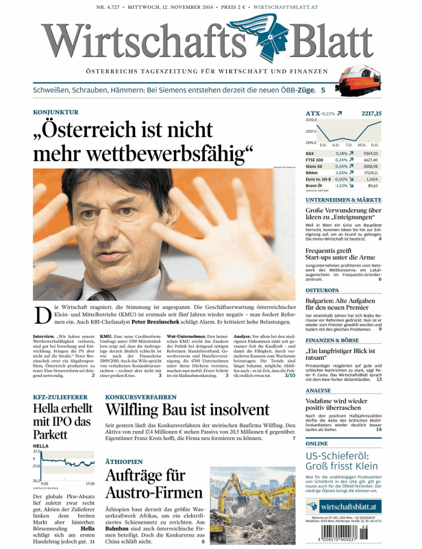 Titelseite des „WirtschaftsBlatt“ vom 12. November 2014.