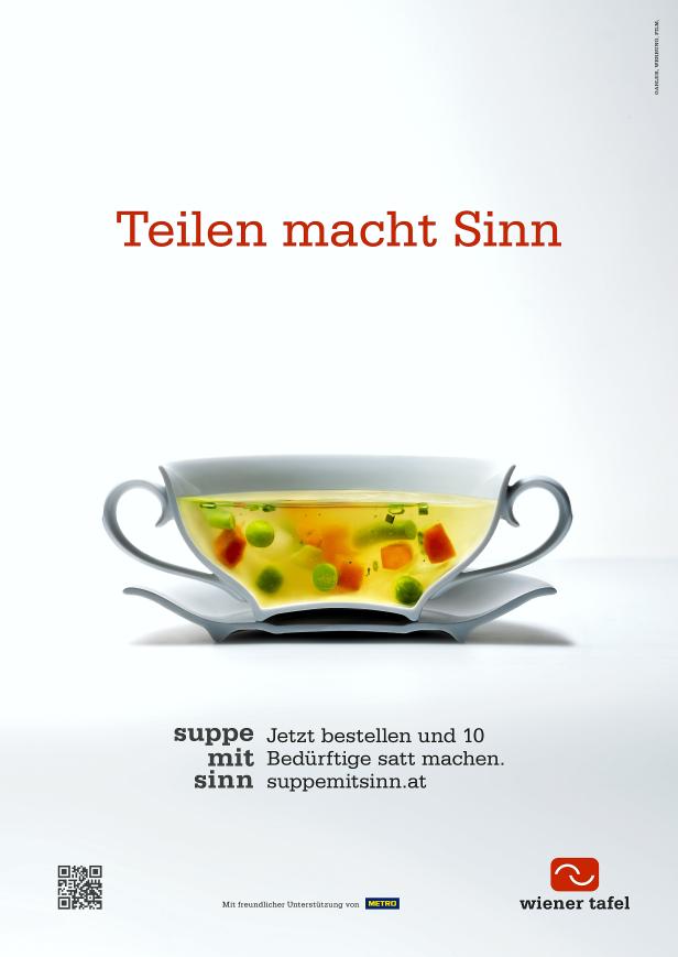 Eine stilisierte Suppentasse gefüllt mit Gemüse, beworben von der Wiener Tafel.