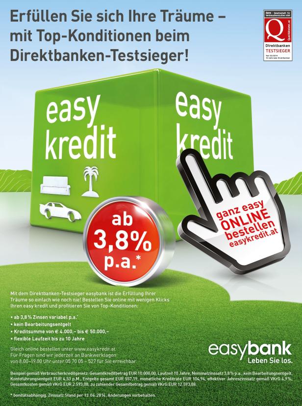 Eine Werbung für „easy kredit“ der Easybank mit einem Zinssatz ab 3,8 %.
