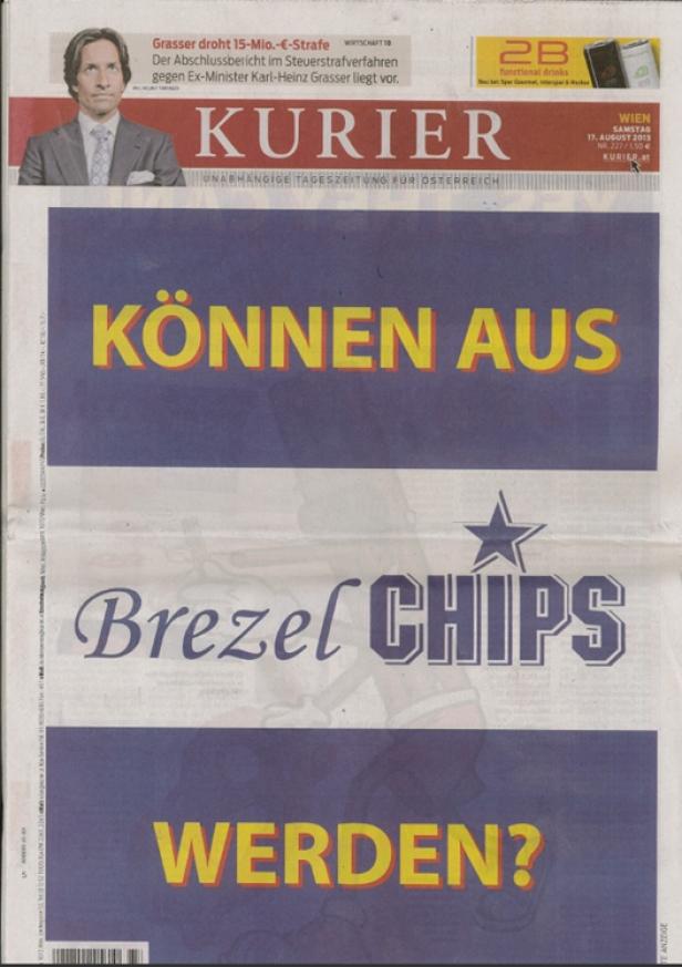 Titelseite der Zeitung „Kurier“ mit Schlagzeilen und einer Anzeige für Brezel Chips.