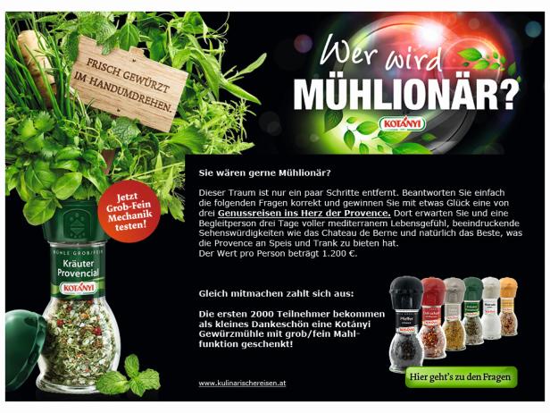 Eine Kotányi-Werbung für Gewürzmühlen und ein Gewinnspiel namens „Mühlionär“.