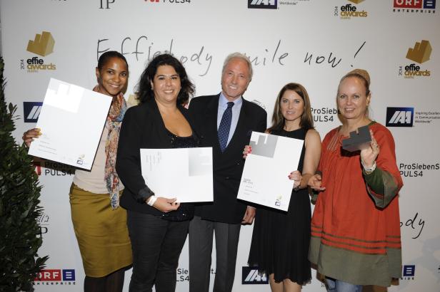 Fünf Personen posieren mit Urkunden und einem Preis bei den Effie Awards Austria 2013.