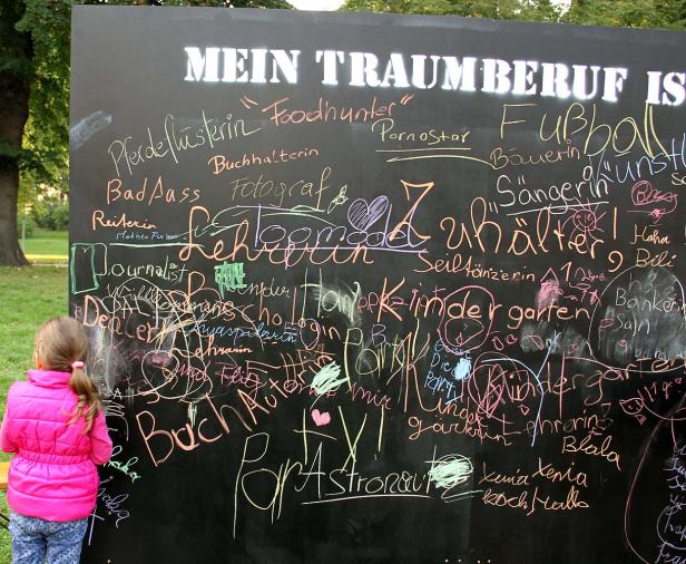 Ein Mädchen steht vor einer Tafel, auf der in Kreide verschiedene Berufswünsche stehen, darunter „Astronaut“ und „Kindergärtnerin“.